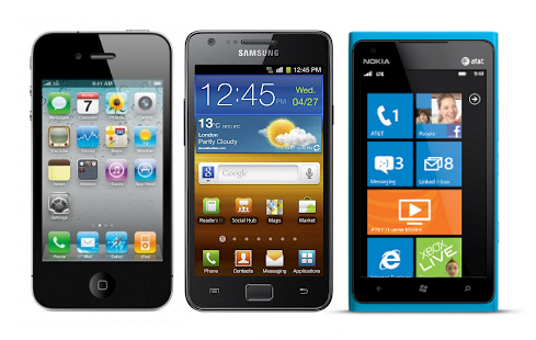 iPhone, Samsung Galaxy S2 and Nokia Lumia 900 iPhone, Samsung Galaxy S2 and Nokia Lumia 900